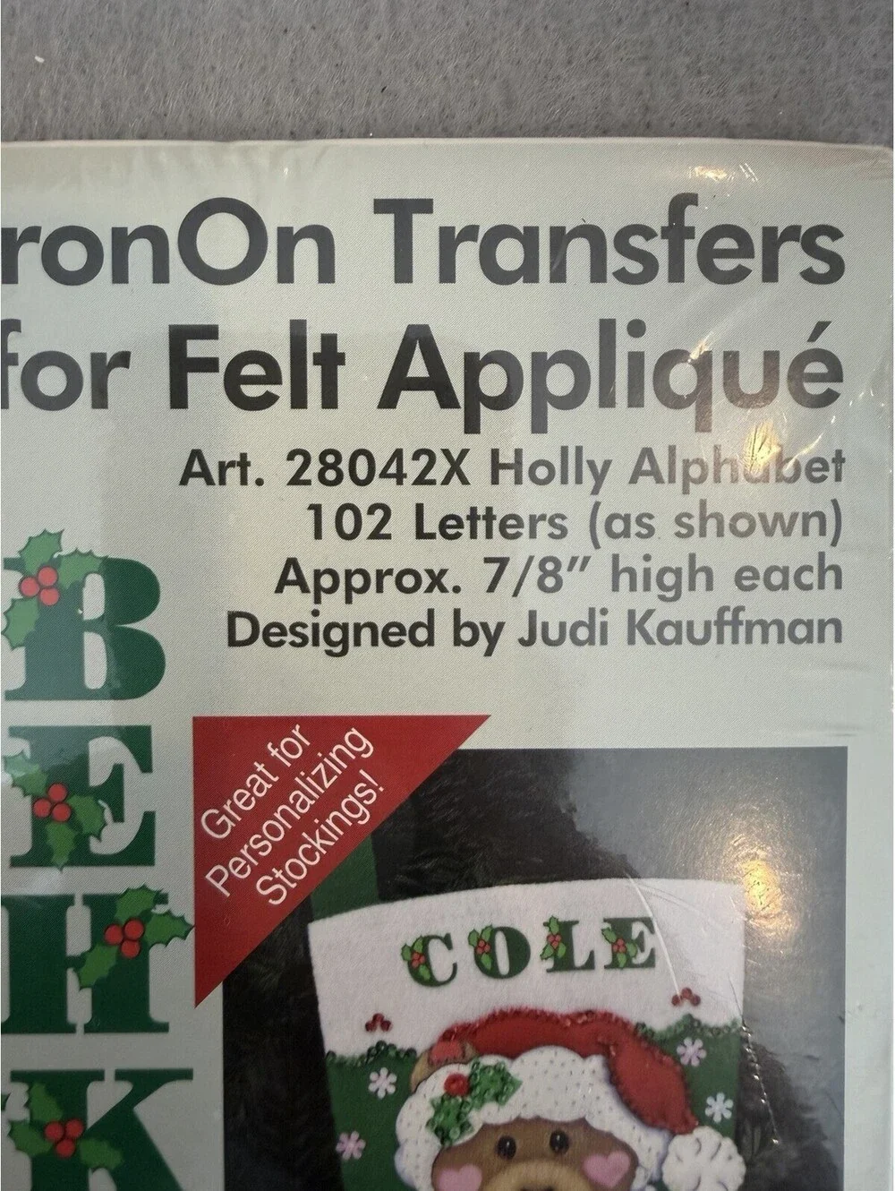 Vintage J. & P. Coats 1998 Iron On Transfers For Felt Appliqué Holly Alphabet
